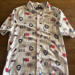 Mad Engine Mens Shirt Large L White USA All Over Abe Lincoln Patriotic Button Up